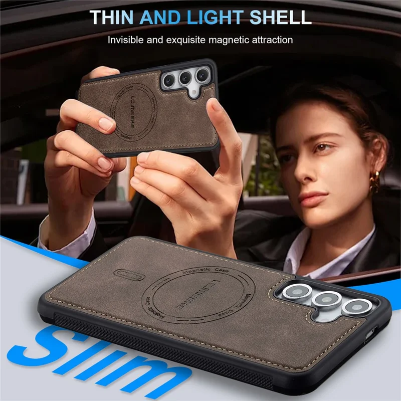 LC.IMEEKE L6 For Samsung Galaxy S25+ Magnetic Case PU Leather Coated PC TPU Phone Cover - Coffee