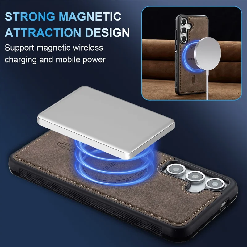 LC.IMEEKE L6 For Samsung Galaxy S24 Case PU Leather Coated PC TPU Phone Cover Magnetic Case - Coffee