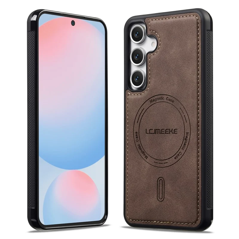 LC.IMEEKE L6 For Samsung Galaxy S24 Case PU Leather Coated PC TPU Phone Cover Magnetic Case - Coffee