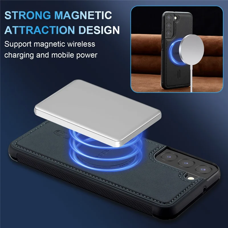 LC.IMEEKE L6 For Samsung Galaxy S21 FE 5G Case PU Leather Coated PC TPU Phone Cover Magnetic Case - Black