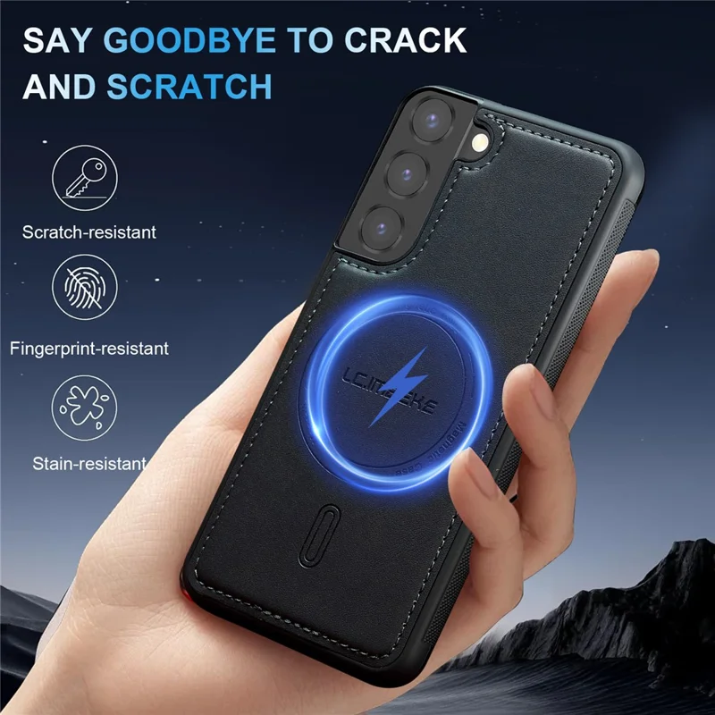 LC.IMEEKE L6 For Samsung Galaxy S21 FE 5G Case PU Leather Coated PC TPU Phone Cover Magnetic Case - Black