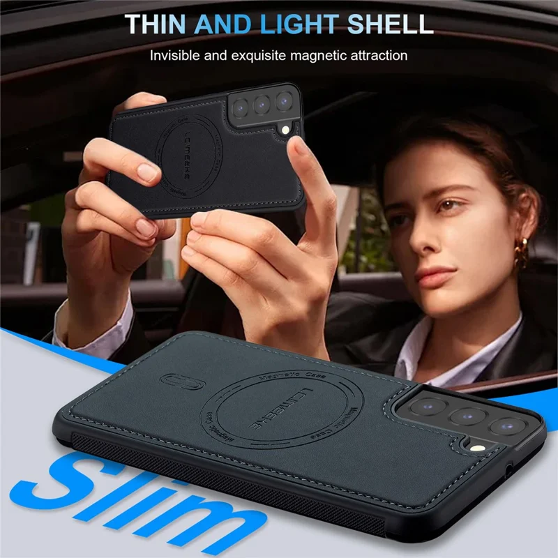 LC.IMEEKE L6 For Samsung Galaxy S21 FE 5G Case PU Leather Coated PC TPU Phone Cover Magnetic Case - Black