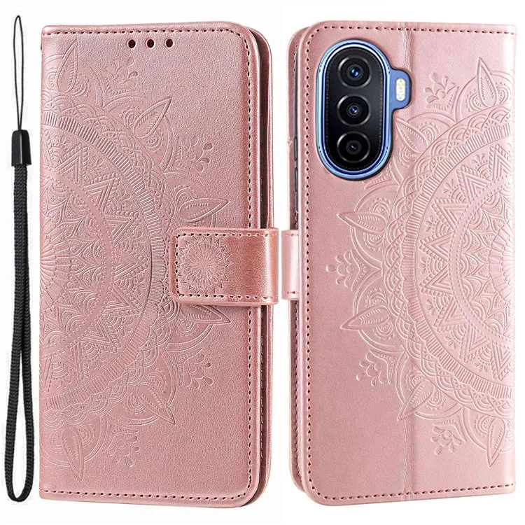 Für Huawei Nova Y70 Plus 4G Mandala Blume Eingeprägte PU -leder -brieftasche Hülle Flip Ständer Magnetische Verschluss Stoßdichtungsabdeckung - Roségold