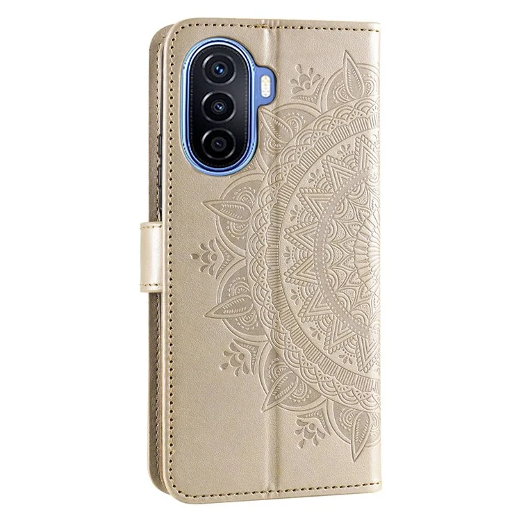 Pour Huawei nova Y70 Plus 4G Mandala Flower Imprinted PU Leather Wallet Case Flip Stand Magnetic Clasp Shockproof Cover - Or