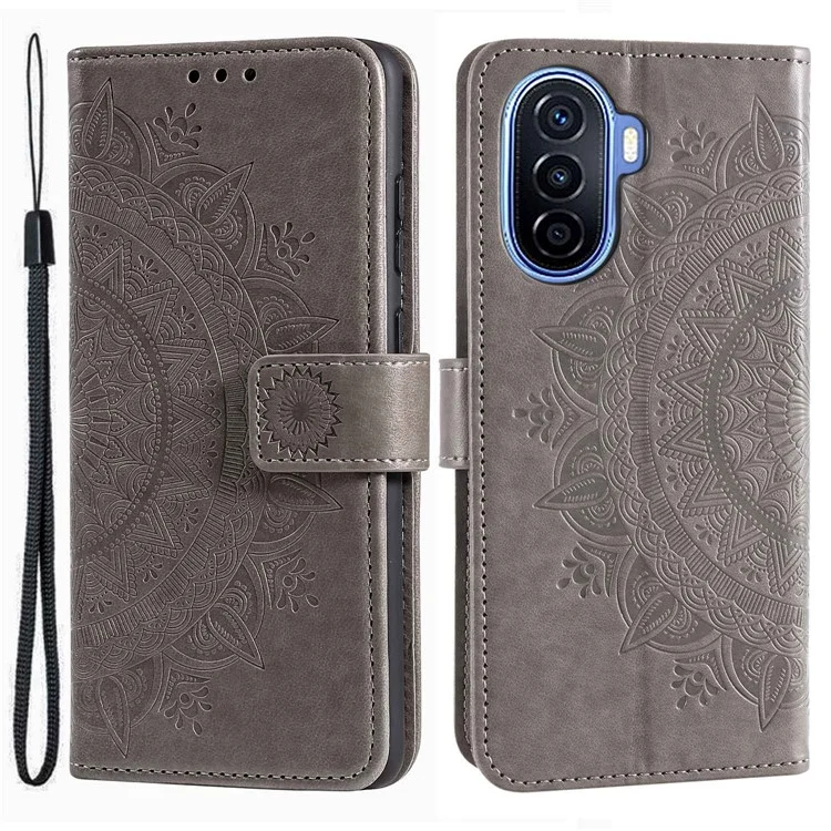 Für Huawei nova Y70 Plus 4G Mandala Flower bedruckter PU-Leder-Flip-Geldbörsencase, Ständer, magnetischer Verschluss, stoßfeste Abdeckung - Grau