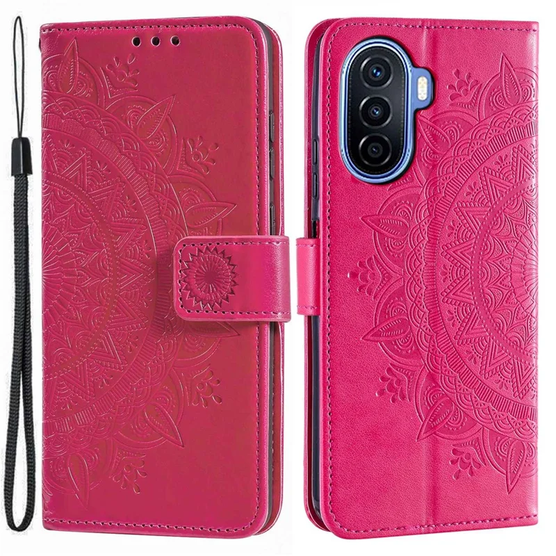 For Huawei nova Y70 Plus 4G Mandala Flower Imprinted PU Leather Wallet Case Flip Stand Magnetic Clasp Shockproof Cover - Rose