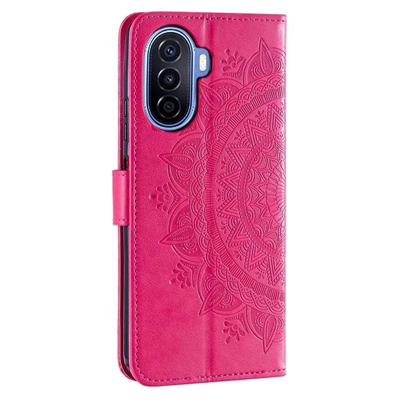 For Huawei nova Y70 Plus 4G Mandala Flower Imprinted PU Leather Wallet Case Flip Stand Magnetic Clasp Shockproof Cover - Rose