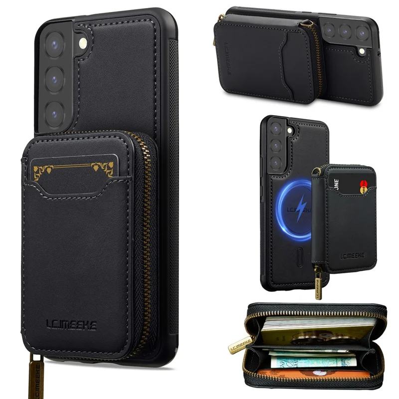 LC.IMEEKE L6 For Samsung	Galaxy S21 FE 5G Magnetic Case Detachable Zipper Wallet Leather Coated PC + TPU Phone Cover - Black
