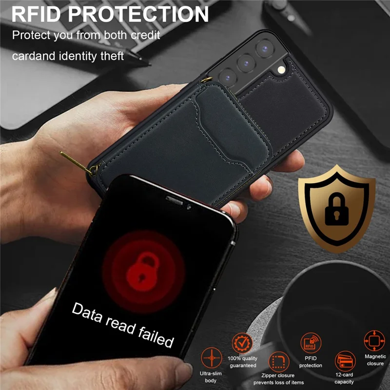 LC.IMEEKE L6 For Samsung	Galaxy S21 FE 5G Magnetic Case Detachable Zipper Wallet Leather Coated PC + TPU Phone Cover - Black