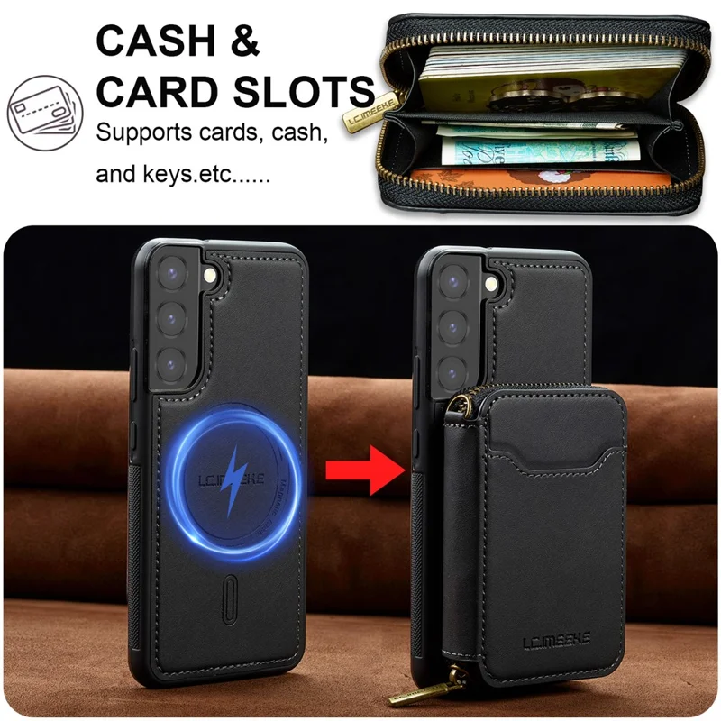 LC.IMEEKE L6 For Samsung	Galaxy S21 FE 5G Magnetic Case Detachable Zipper Wallet Leather Coated PC + TPU Phone Cover - Black