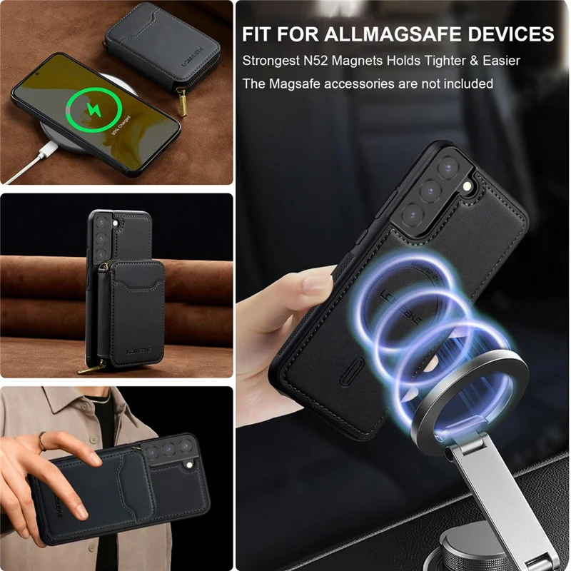 LC.IMEEKE L6 For Samsung	Galaxy S21 FE 5G Magnetic Case Detachable Zipper Wallet Leather Coated PC + TPU Phone Cover - Black