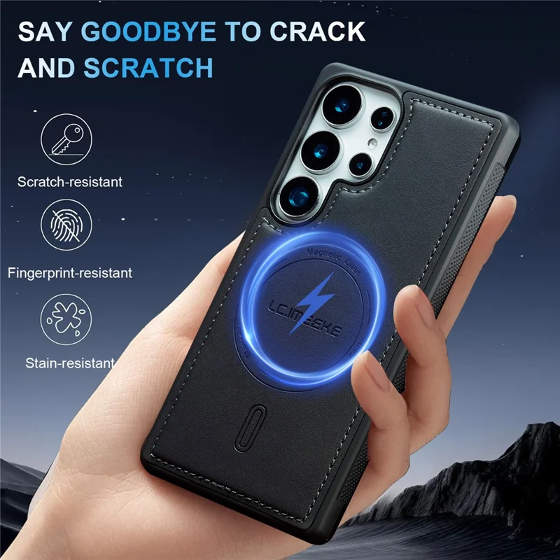 LC.IMEEKE L6 For Samsung Galaxy S22 Ultra 5G Case PU Leather Coated PC TPU Phone Cover Magnetic Case - Black