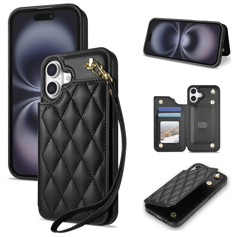 For iPhone 17 Case with Wrist Strap Card Slots Rhombus Leather + TPU Phone Cover - Black