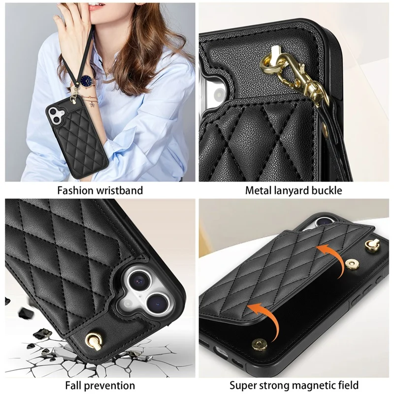 For iPhone 17 Case with Wrist Strap Card Slots Rhombus Leather + TPU Phone Cover - Black