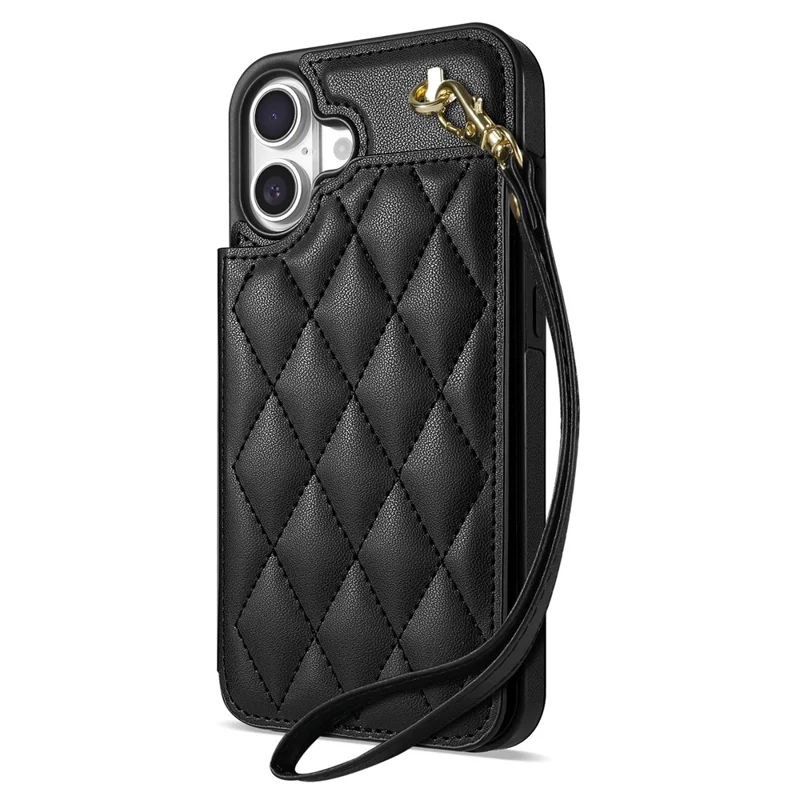 For iPhone 17 Case with Wrist Strap Card Slots Rhombus Leather + TPU Phone Cover - Black