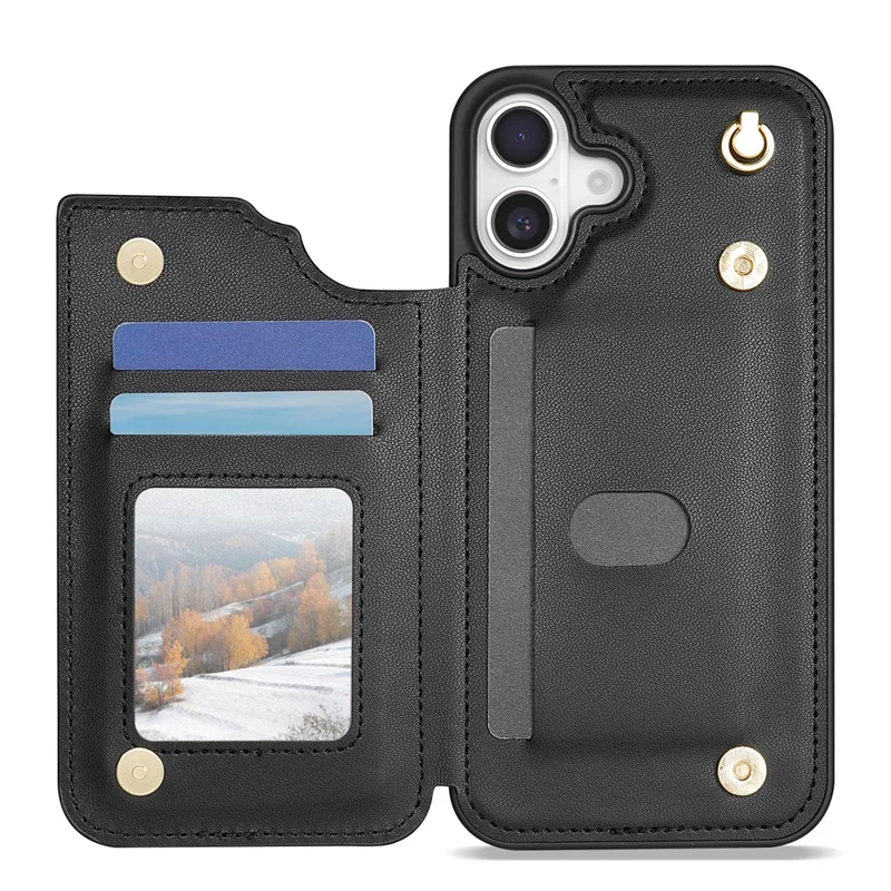 For iPhone 17 Case with Wrist Strap Card Slots Rhombus Leather + TPU Phone Cover - Black