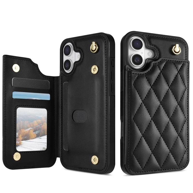 For iPhone 17 Case with Wrist Strap Card Slots Rhombus Leather + TPU Phone Cover - Black