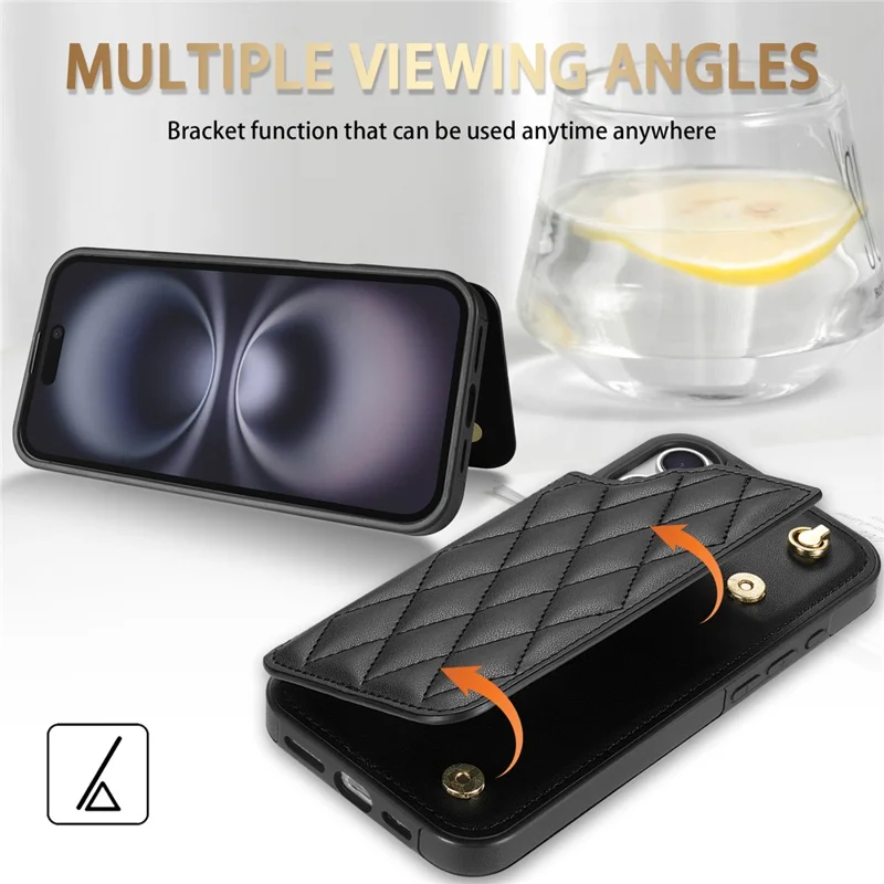 For iPhone 17 Case with Wrist Strap Card Slots Rhombus Leather + TPU Phone Cover - Black