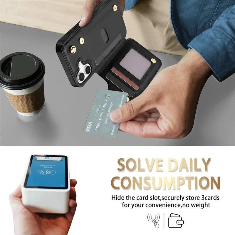 For iPhone 17 Case with Wrist Strap Card Slots Rhombus Leather + TPU Phone Cover - Black