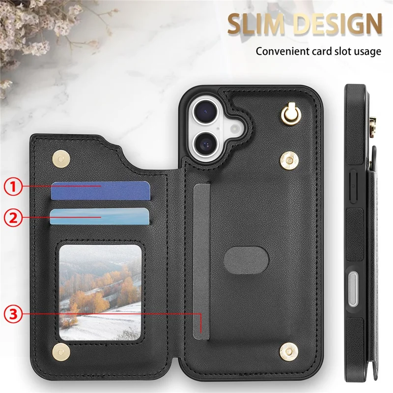 For iPhone 17 Case with Wrist Strap Card Slots Rhombus Leather + TPU Phone Cover - Black