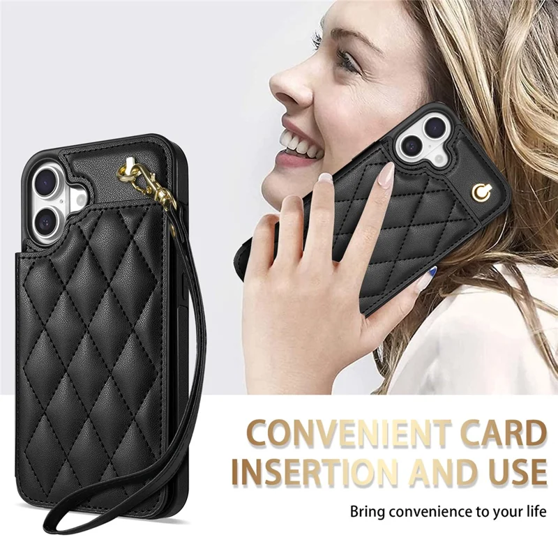 For iPhone 17 Case with Wrist Strap Card Slots Rhombus Leather + TPU Phone Cover - Black