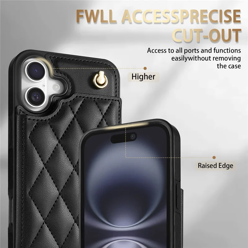 For iPhone 17 Case with Wrist Strap Card Slots Rhombus Leather + TPU Phone Cover - Black