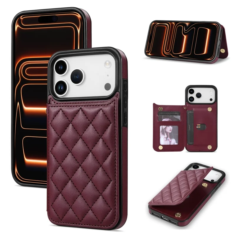 For iPhone 18 Pro / 17 Pro Case with Wrist Strap Card Slots Rhombus Leather + TPU Phone Cover - Wine Red