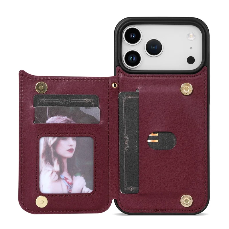 For iPhone 18 Pro / 17 Pro Case with Wrist Strap Card Slots Rhombus Leather + TPU Phone Cover - Wine Red