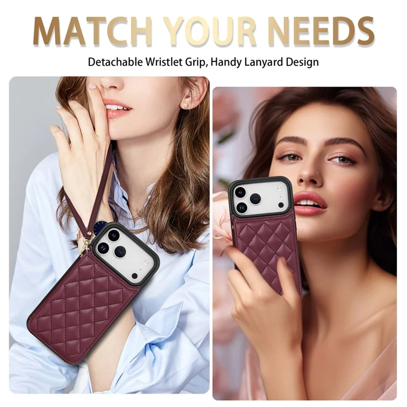For iPhone 18 Pro / 17 Pro Case with Wrist Strap Card Slots Rhombus Leather + TPU Phone Cover - Wine Red