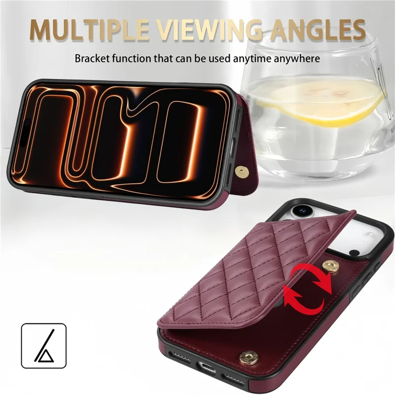 For iPhone 18 Pro / 17 Pro Case with Wrist Strap Card Slots Rhombus Leather + TPU Phone Cover - Wine Red
