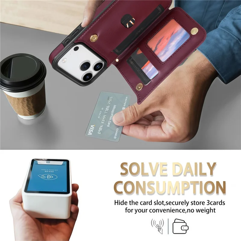 For iPhone 18 Pro / 17 Pro Case with Wrist Strap Card Slots Rhombus Leather + TPU Phone Cover - Wine Red