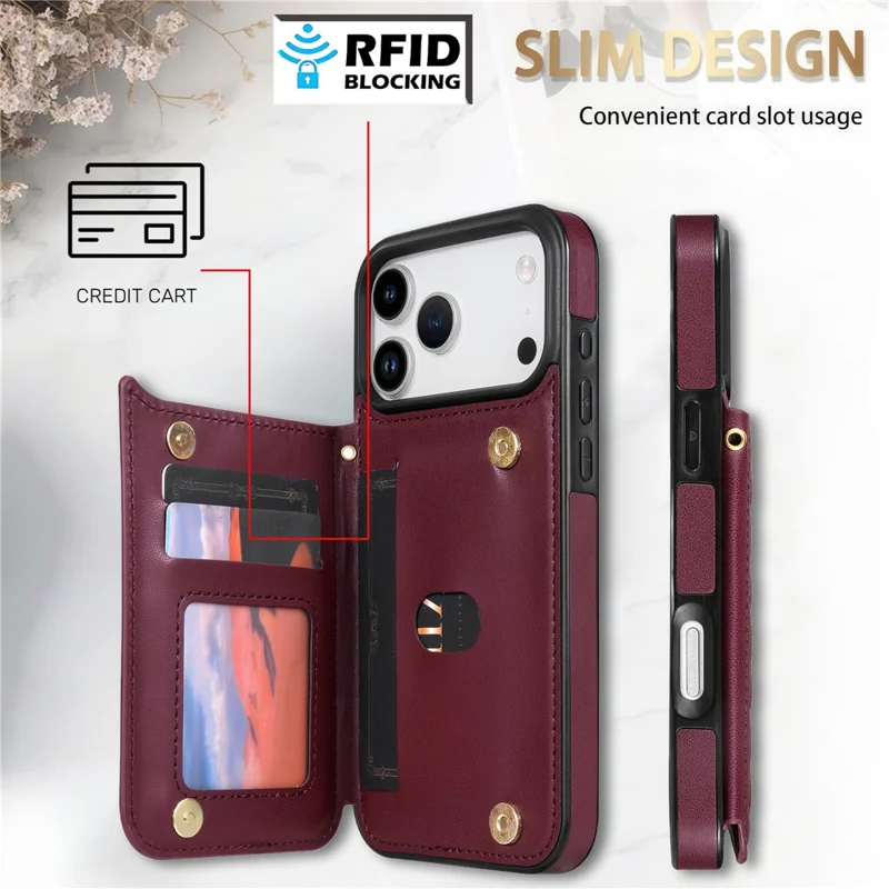 For iPhone 18 Pro / 17 Pro Case with Wrist Strap Card Slots Rhombus Leather + TPU Phone Cover - Wine Red