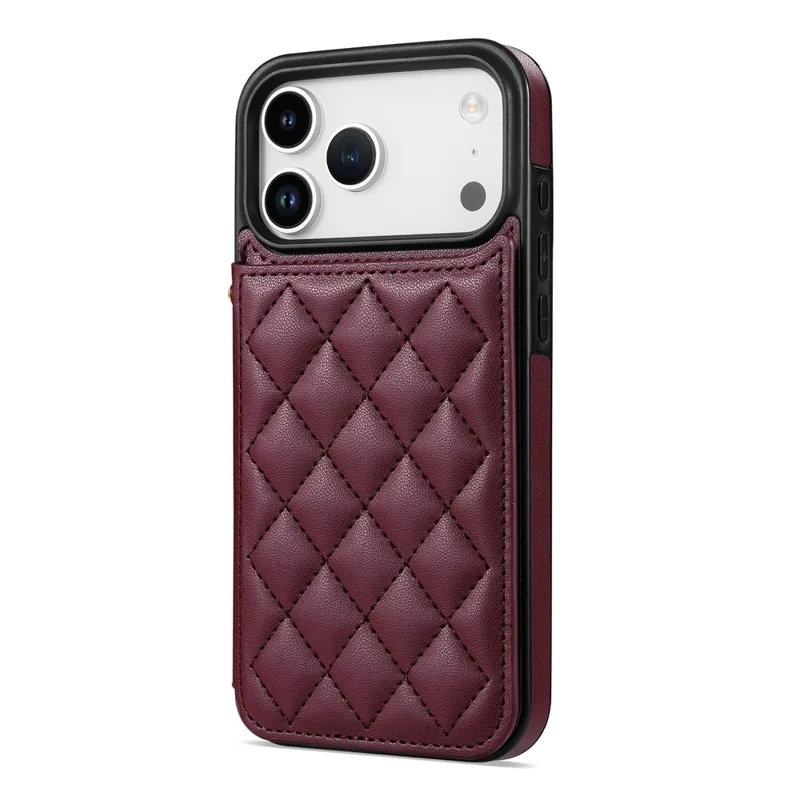 For iPhone 18 Pro / 17 Pro Case with Wrist Strap Card Slots Rhombus Leather + TPU Phone Cover - Wine Red