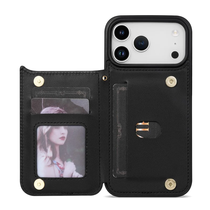 For iPhone 17 Pro Max Case with Wrist Strap Card Slots Rhombus Leather + TPU Phone Cover - Black