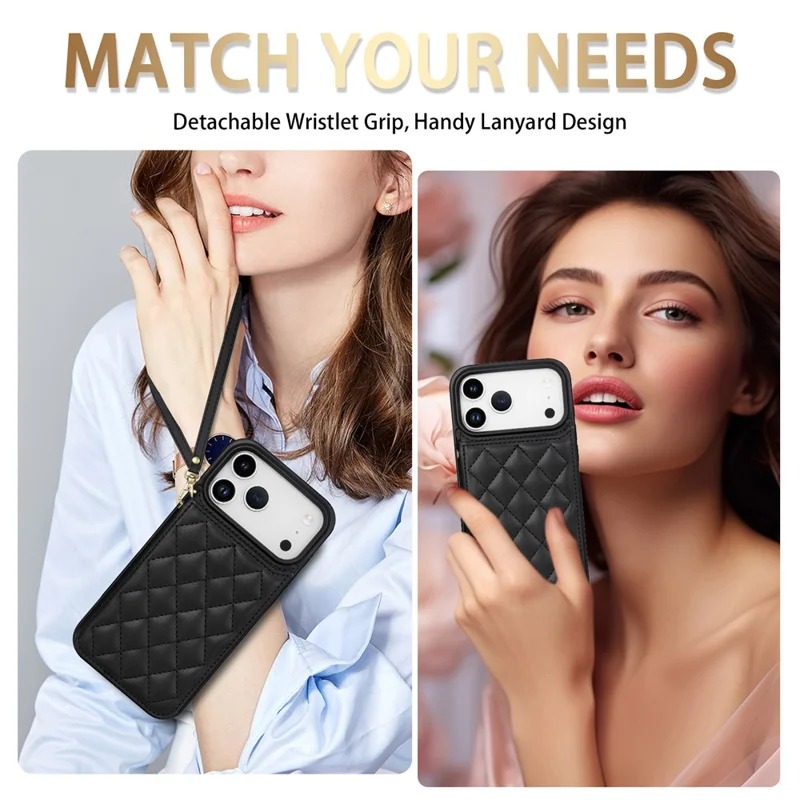 For iPhone 17 Pro Max Case with Wrist Strap Card Slots Rhombus Leather + TPU Phone Cover - Black