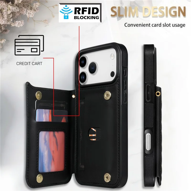 For iPhone 17 Pro Max Case with Wrist Strap Card Slots Rhombus Leather + TPU Phone Cover - Black