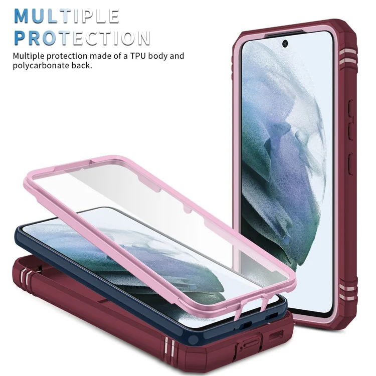 Für Samsung Galaxy S21 FE 5G Kratzfestes Handyhülle mit Kartenfach und rutschender Kameraabdeckung, Ständer PC+TPU Schutzhülle - Pink / Dunkelrot
