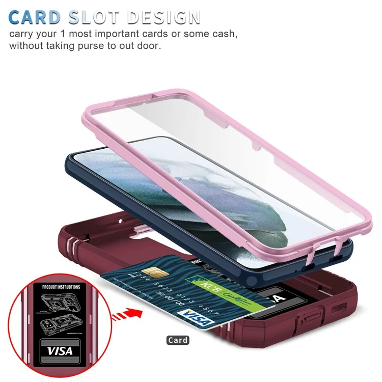 Für Samsung Galaxy S21 FE 5G Kratzfestes Handyhülle mit Kartenfach und rutschender Kameraabdeckung, Ständer PC+TPU Schutzhülle - Pink / Dunkelrot
