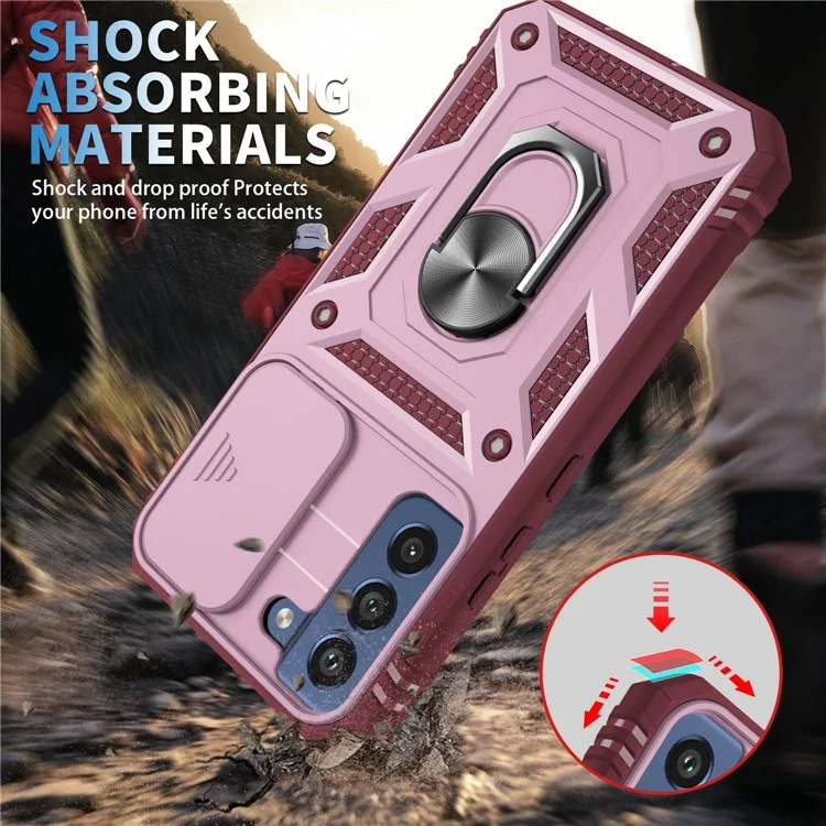 Für Samsung Galaxy S21 FE 5G Kratzfestes Handyhülle mit Kartenfach und rutschender Kameraabdeckung, Ständer PC+TPU Schutzhülle - Pink / Dunkelrot