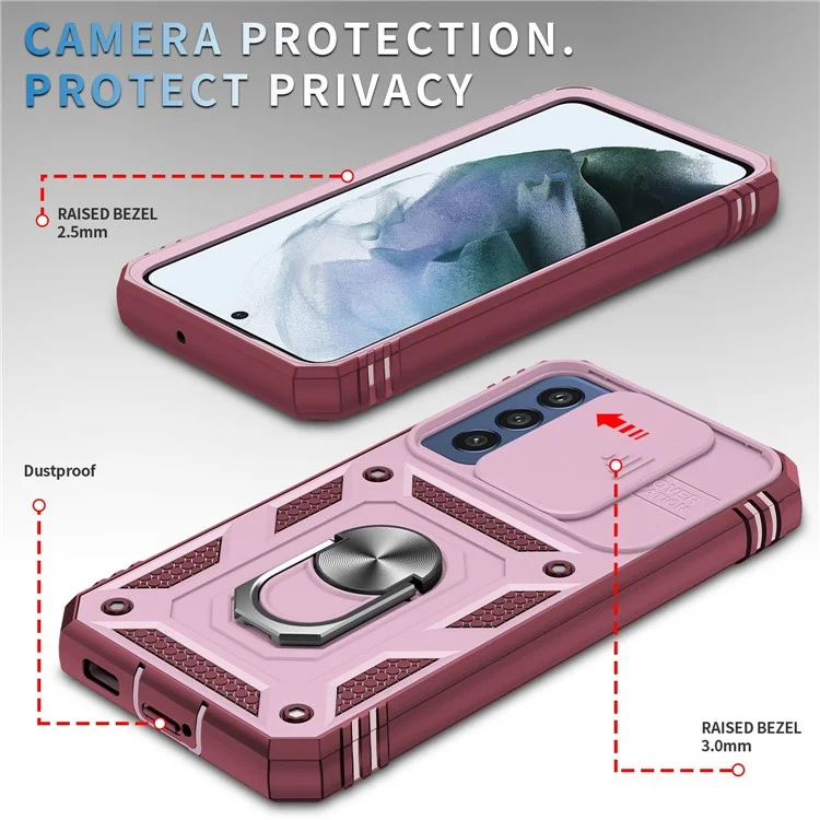 Für Samsung Galaxy S21 FE 5G Kratzfestes Handyhülle mit Kartenfach und rutschender Kameraabdeckung, Ständer PC+TPU Schutzhülle - Pink / Dunkelrot