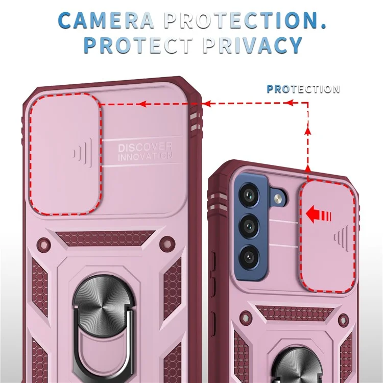 Für Samsung Galaxy S21 FE 5G Kratzfestes Handyhülle mit Kartenfach und rutschender Kameraabdeckung, Ständer PC+TPU Schutzhülle - Pink / Dunkelrot