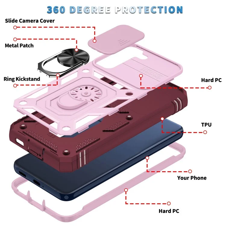 Für Samsung Galaxy S21 FE 5G Kratzfestes Handyhülle mit Kartenfach und rutschender Kameraabdeckung, Ständer PC+TPU Schutzhülle - Pink / Dunkelrot