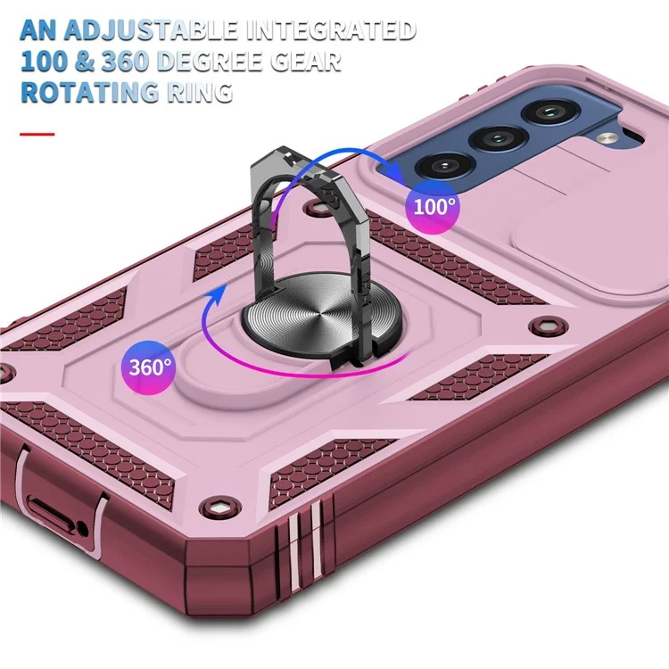 Für Samsung Galaxy S21 FE 5G Kratzfestes Handyhülle mit Kartenfach und rutschender Kameraabdeckung, Ständer PC+TPU Schutzhülle - Pink / Dunkelrot