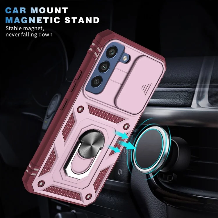 Für Samsung Galaxy S21 FE 5G Kratzfestes Handyhülle mit Kartenfach und rutschender Kameraabdeckung, Ständer PC+TPU Schutzhülle - Pink / Dunkelrot