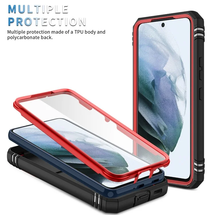 For Samsung Galaxy S21 FE 5G Anti-scratch Phone Case Card Holder with Sliding Camera Lid Kickstand PC+TPU Protective Back Cover - Red  /  Black