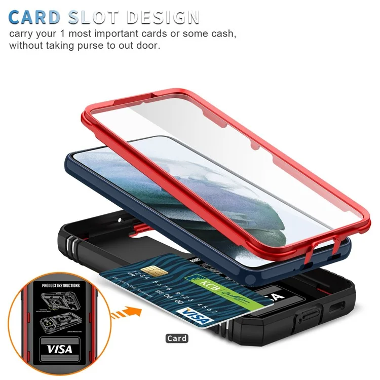 For Samsung Galaxy S21 FE 5G Anti-scratch Phone Case Card Holder with Sliding Camera Lid Kickstand PC+TPU Protective Back Cover - Red  /  Black