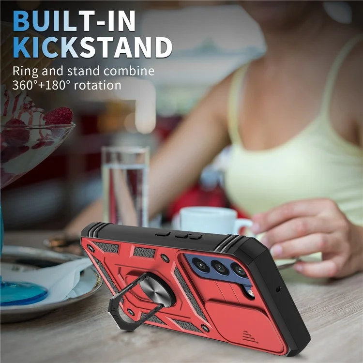 For Samsung Galaxy S21 FE 5G Anti-scratch Phone Case Card Holder with Sliding Camera Lid Kickstand PC+TPU Protective Back Cover - Red  /  Black