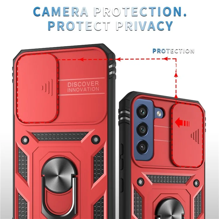 For Samsung Galaxy S21 FE 5G Anti-scratch Phone Case Card Holder with Sliding Camera Lid Kickstand PC+TPU Protective Back Cover - Red  /  Black