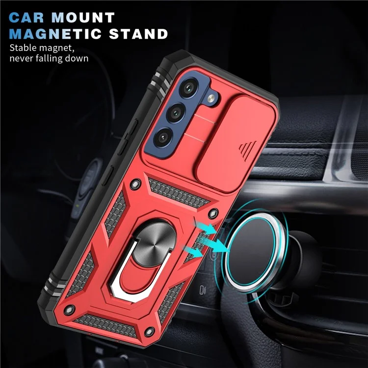 For Samsung Galaxy S21 FE 5G Anti-scratch Phone Case Card Holder with Sliding Camera Lid Kickstand PC+TPU Protective Back Cover - Red  /  Black