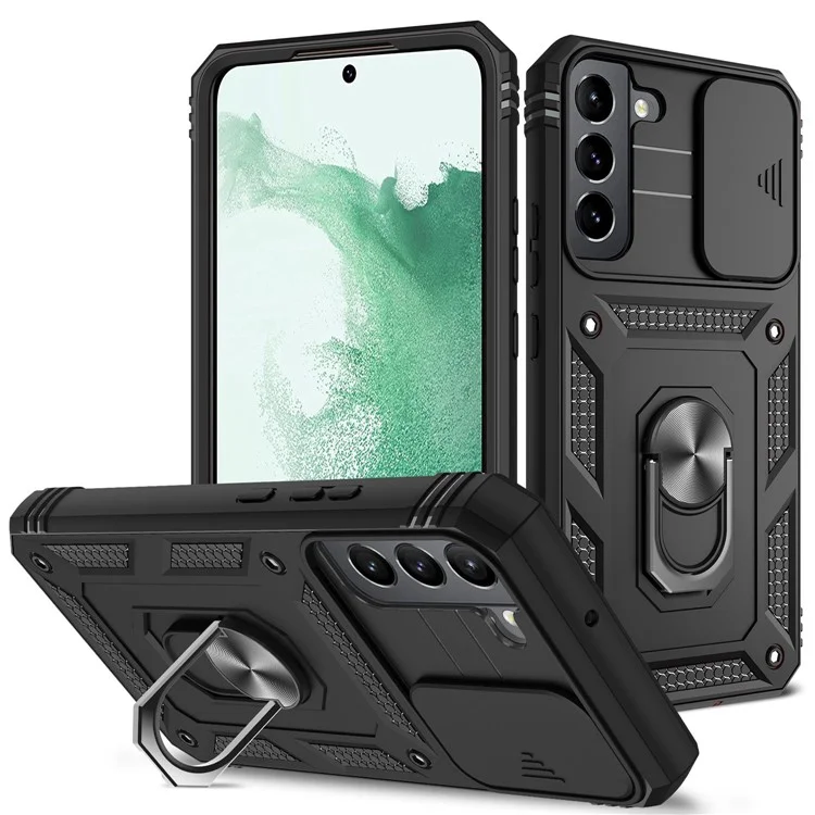 Anti-fall Phone Cover Kickstand For Samsung Galaxy S22+ 5G, Anti-scratch Phone Case Card Holder with Sliding Camera Lid - Black